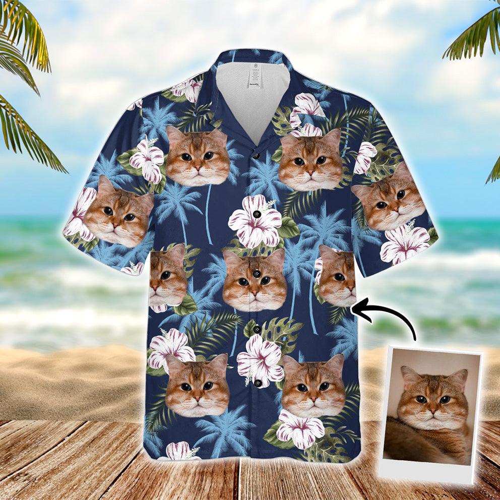 Customized Hawaiian Shirt With Pet Face - Blue Palm Tree Pattern Aloha Shirt, Hawaiian Shirt With Pet Face - Personalized Gift For Pet Lovers - Amzanimalsgift
