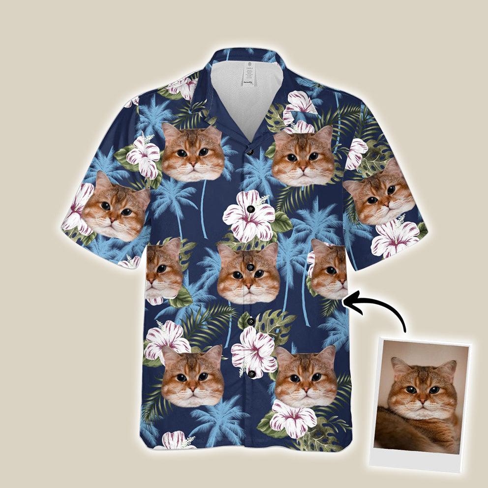 Customized Hawaiian Shirt With Pet Face - Blue Palm Tree Pattern Aloha Shirt, Hawaiian Shirt With Pet Face - Personalized Gift For Pet Lovers - Amzanimalsgift