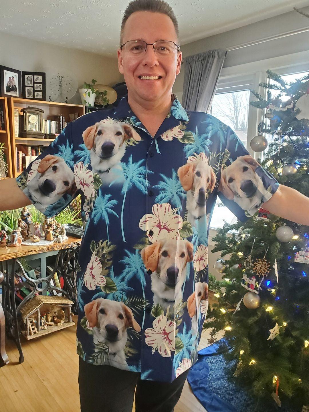 Customized Hawaiian Shirt With Pet Face - Blue Palm Tree Pattern Aloha Shirt, Hawaiian Shirt With Pet Face - Personalized Gift For Pet Lovers - Amzanimalsgift