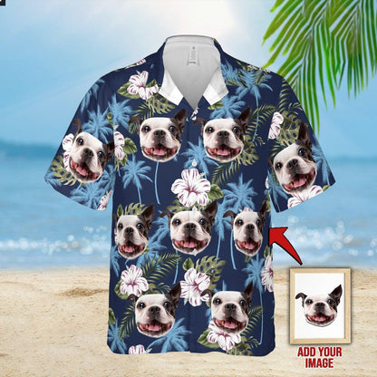 Customized Hawaiian Shirt With Pet Face - Blue Palm Tree Pattern Aloha Shirt, Hawaiian Shirt With Pet Face - Personalized Gift For Pet Lovers - Amzanimalsgift