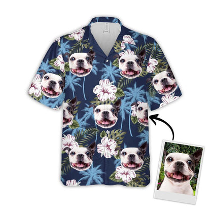 Customized Hawaiian Shirt With Pet Face - Blue Palm Tree Pattern Aloha Shirt, Hawaiian Shirt With Pet Face - Personalized Gift For Pet Lovers - Amzanimalsgift