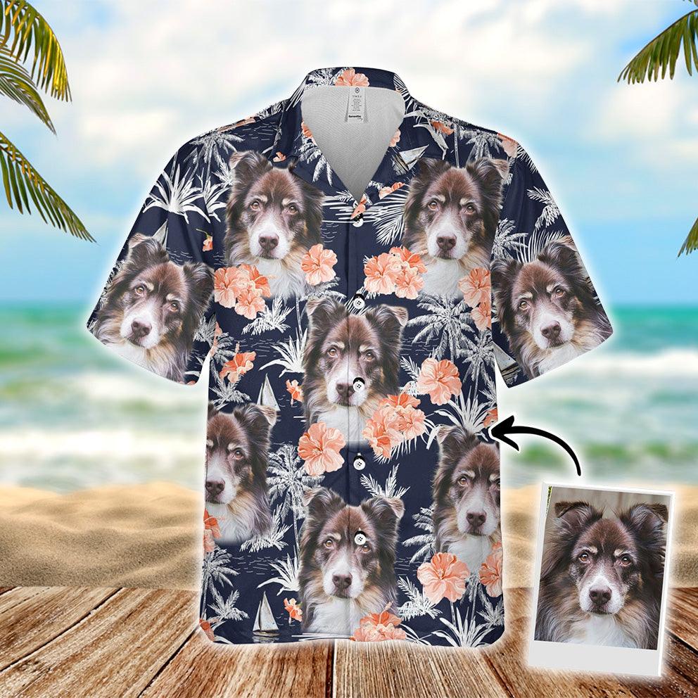 Customized Hawaiian Shirt With Pet Face, Orange Flower, Palm Trees And Sailboat Dark Navy Color Aloha Shirt, Personalized Gift For Pet Lovers - Amzanimalsgift