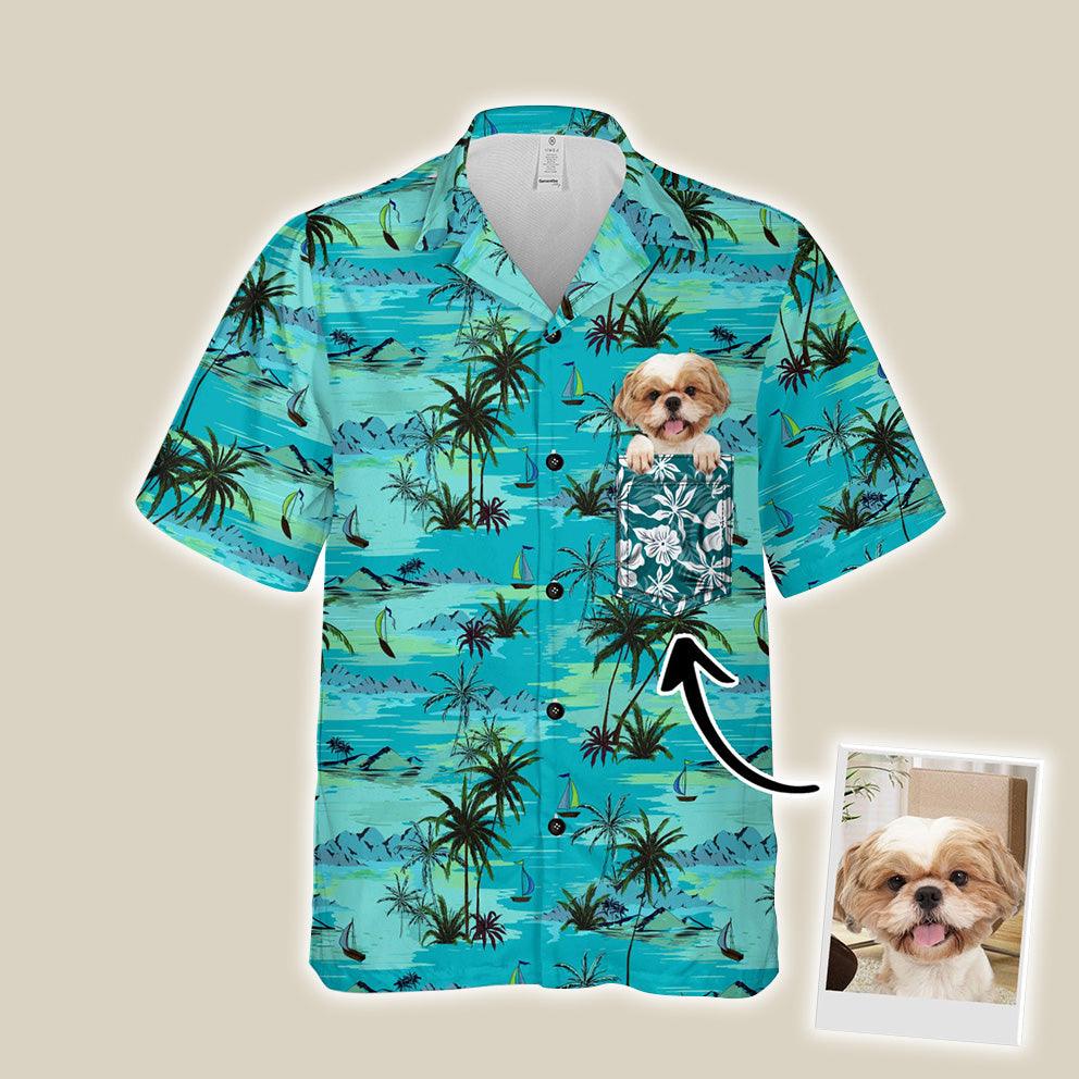 Customized Hawaiian Shirt With Pet Face - Palm Tree, Beach & Ocean Pattern Turquoise Color Aloha Shirt - Personalized Gift For Pet Lovers - Amzanimalsgift