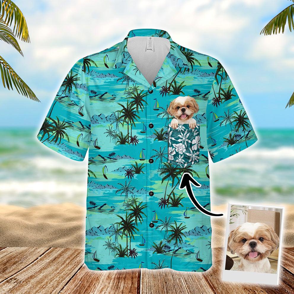 Customized Hawaiian Shirt With Pet Face - Palm Tree, Beach & Ocean Pattern Turquoise Color Aloha Shirt - Personalized Gift For Pet Lovers - Amzanimalsgift