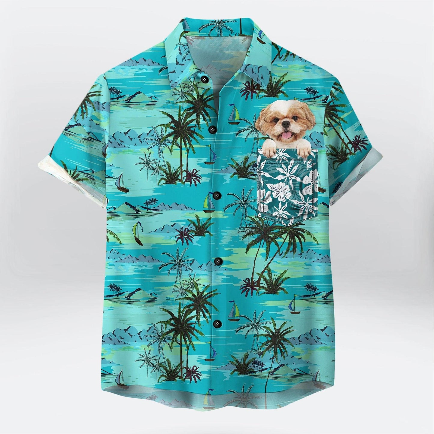 Customized Hawaiian Shirt With Pet Face - Palm Tree, Beach & Ocean Pattern Turquoise Color Aloha Shirt - Personalized Gift For Pet Lovers - Amzanimalsgift