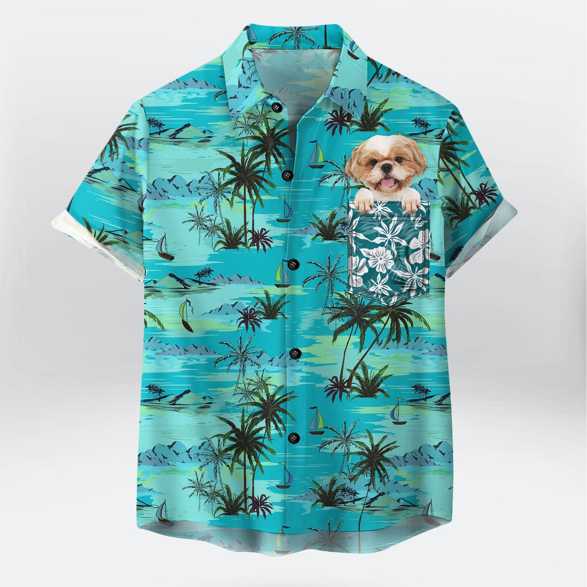 Customized Hawaiian Shirt With Pet Face - Palm Tree, Beach & Ocean Pattern Turquoise Color Aloha Shirt - Personalized Gift For Pet Lovers - Amzanimalsgift