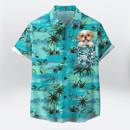 Customized Hawaiian Shirt With Pet Face - Palm Tree, Beach & Ocean Pattern Turquoise Color Aloha Shirt - Personalized Gift For Pet Lovers - Amzanimalsgift