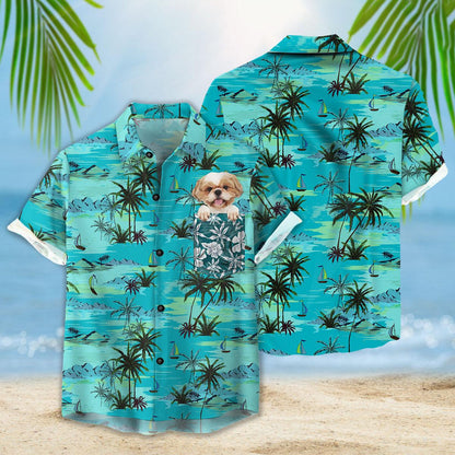 Customized Hawaiian Shirt With Pet Face - Palm Tree, Beach & Ocean Pattern Turquoise Color Aloha Shirt - Personalized Gift For Pet Lovers - Amzanimalsgift