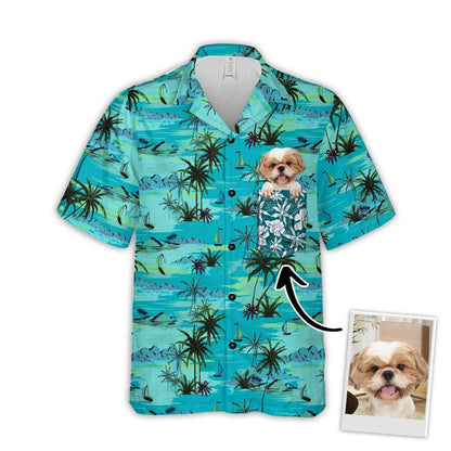 Customized Hawaiian Shirt With Pet Face - Palm Tree, Beach & Ocean Pattern Turquoise Color Aloha Shirt - Personalized Gift For Pet Lovers - Amzanimalsgift