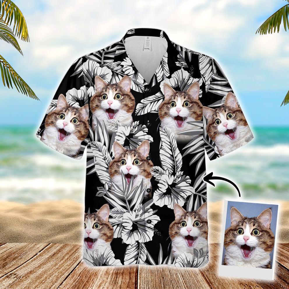 Customized Hawaiian Shirt With Pet Face - Personalized Kitty Lovers Gift, Flowers Pattern Black Color Aloha Shirt For Pet Lovers - Amzanimalsgift