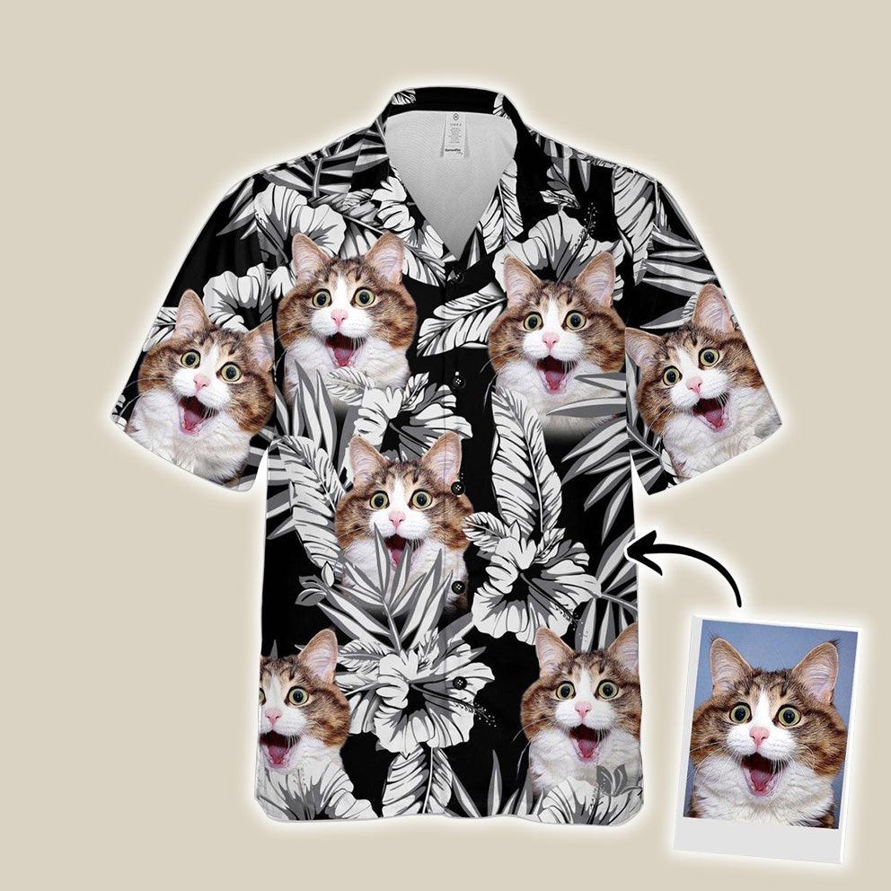 Customized Hawaiian Shirt With Pet Face - Personalized Kitty Lovers Gift, Flowers Pattern Black Color Aloha Shirt For Pet Lovers - Amzanimalsgift