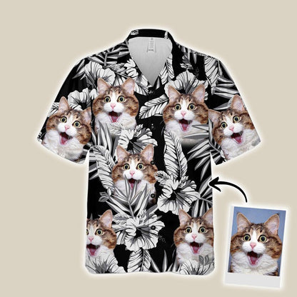 Customized Hawaiian Shirt With Pet Face - Personalized Kitty Lovers Gift, Flowers Pattern Black Color Aloha Shirt For Pet Lovers - Amzanimalsgift