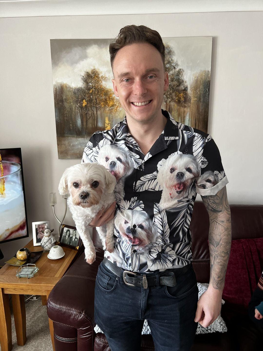 Customized Hawaiian Shirt With Pet Face - Personalized Kitty Lovers Gift, Flowers Pattern Black Color Aloha Shirt For Pet Lovers - Amzanimalsgift