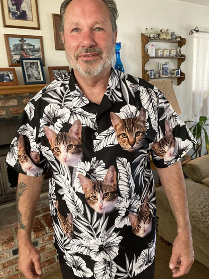 Customized Hawaiian Shirt With Pet Face - Personalized Kitty Lovers Gift, Flowers Pattern Black Color Aloha Shirt For Pet Lovers - Amzanimalsgift