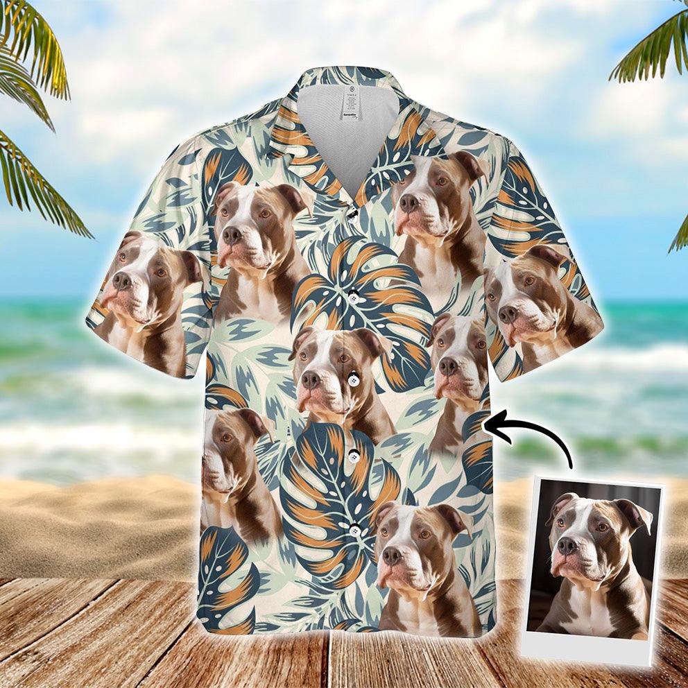 Customized Hawaiian Shirt With Pet Face - Pet Face Hawaiian Shirt, Tropical Bright Plants And Leaves Beige Color Aloha Shirt - Gift For Pet Lovers - Amzanimalsgift