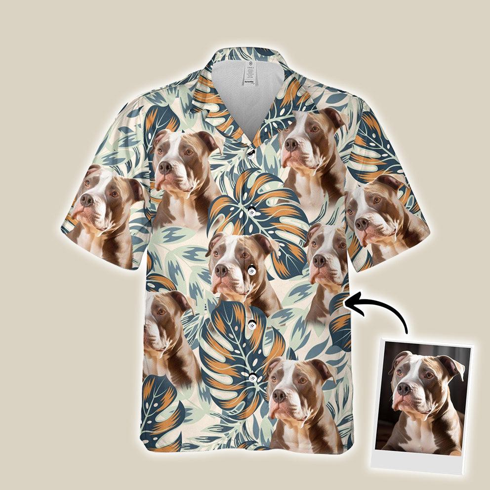 Customized Hawaiian Shirt With Pet Face - Pet Face Hawaiian Shirt, Tropical Bright Plants And Leaves Beige Color Aloha Shirt - Gift For Pet Lovers - Amzanimalsgift