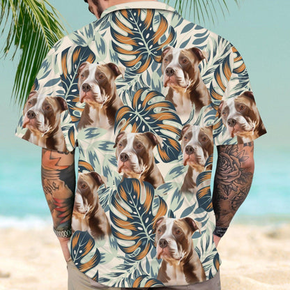 Customized Hawaiian Shirt With Pet Face - Pet Face Hawaiian Shirt, Tropical Bright Plants And Leaves Beige Color Aloha Shirt - Gift For Pet Lovers - Amzanimalsgift