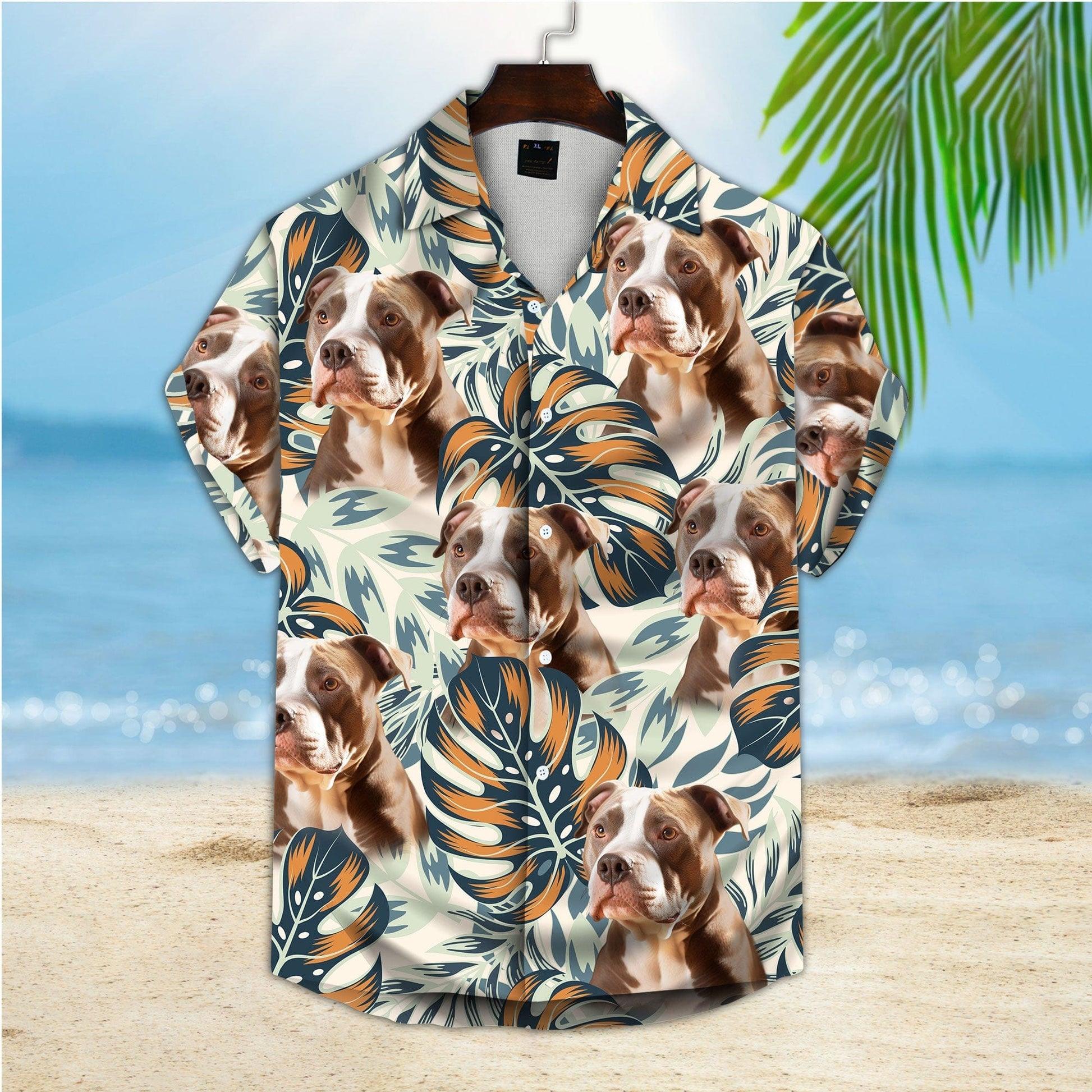 Customized Hawaiian Shirt With Pet Face - Pet Face Hawaiian Shirt, Tropical Bright Plants And Leaves Beige Color Aloha Shirt - Gift For Pet Lovers - Amzanimalsgift