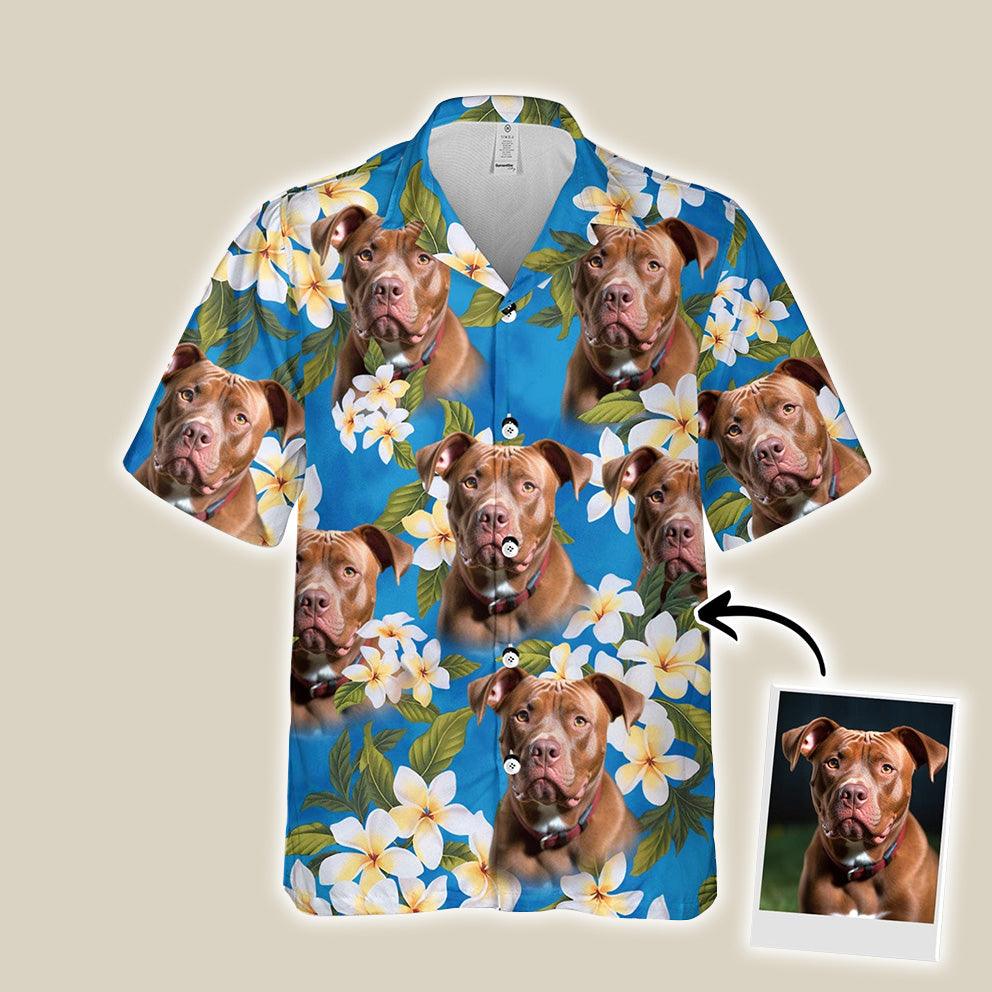 Customized Hawaiian Shirt With Pet Face - Pet Face Hawaiian Shirt, White Plumeria Bouquet On Turquoise Sea Blue Color Aloha Shirt - Gift For Pet Lovers - Amzanimalsgift
