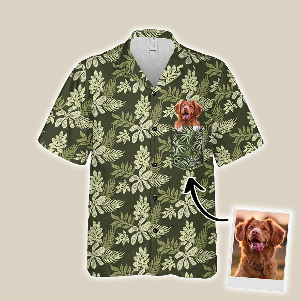 Customized Hawaiian Shirt With Pet Face - Summer Flower Pattern Military Green Color Aloha Shirt - Personalized Gift For Pet Lovers - Amzanimalsgift