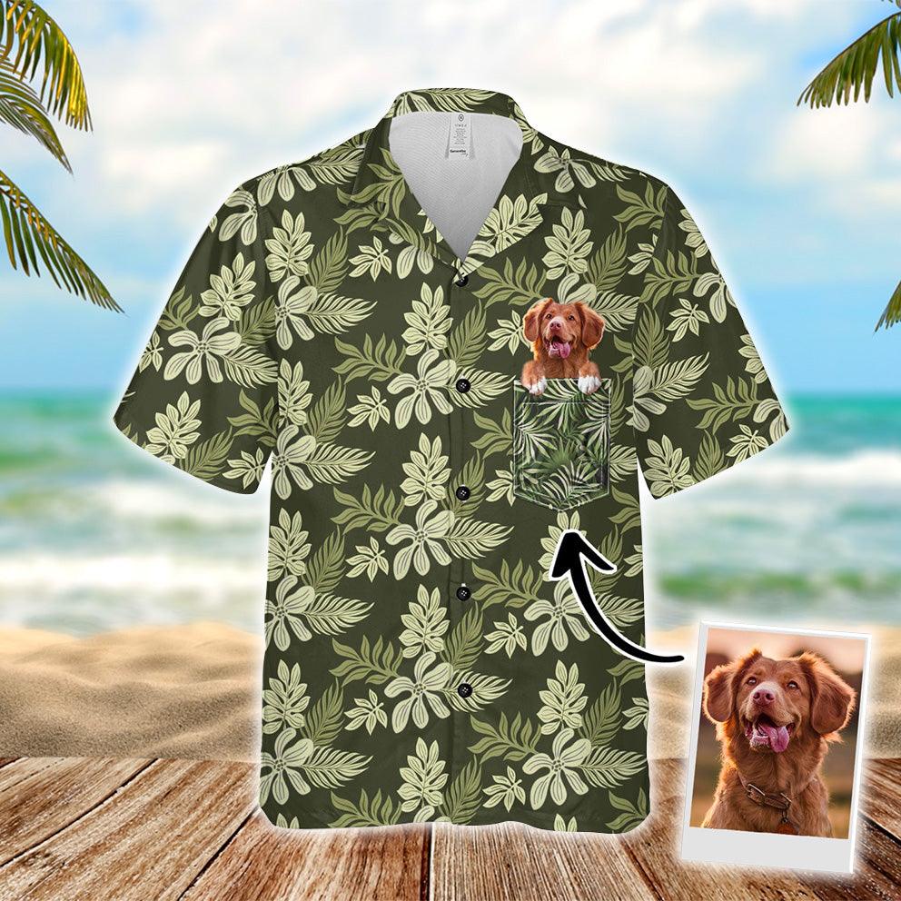 Customized Hawaiian Shirt With Pet Face - Summer Flower Pattern Military Green Color Aloha Shirt - Personalized Gift For Pet Lovers - Amzanimalsgift