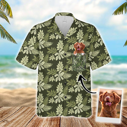 Customized Hawaiian Shirt With Pet Face - Summer Flower Pattern Military Green Color Aloha Shirt - Personalized Gift For Pet Lovers - Amzanimalsgift