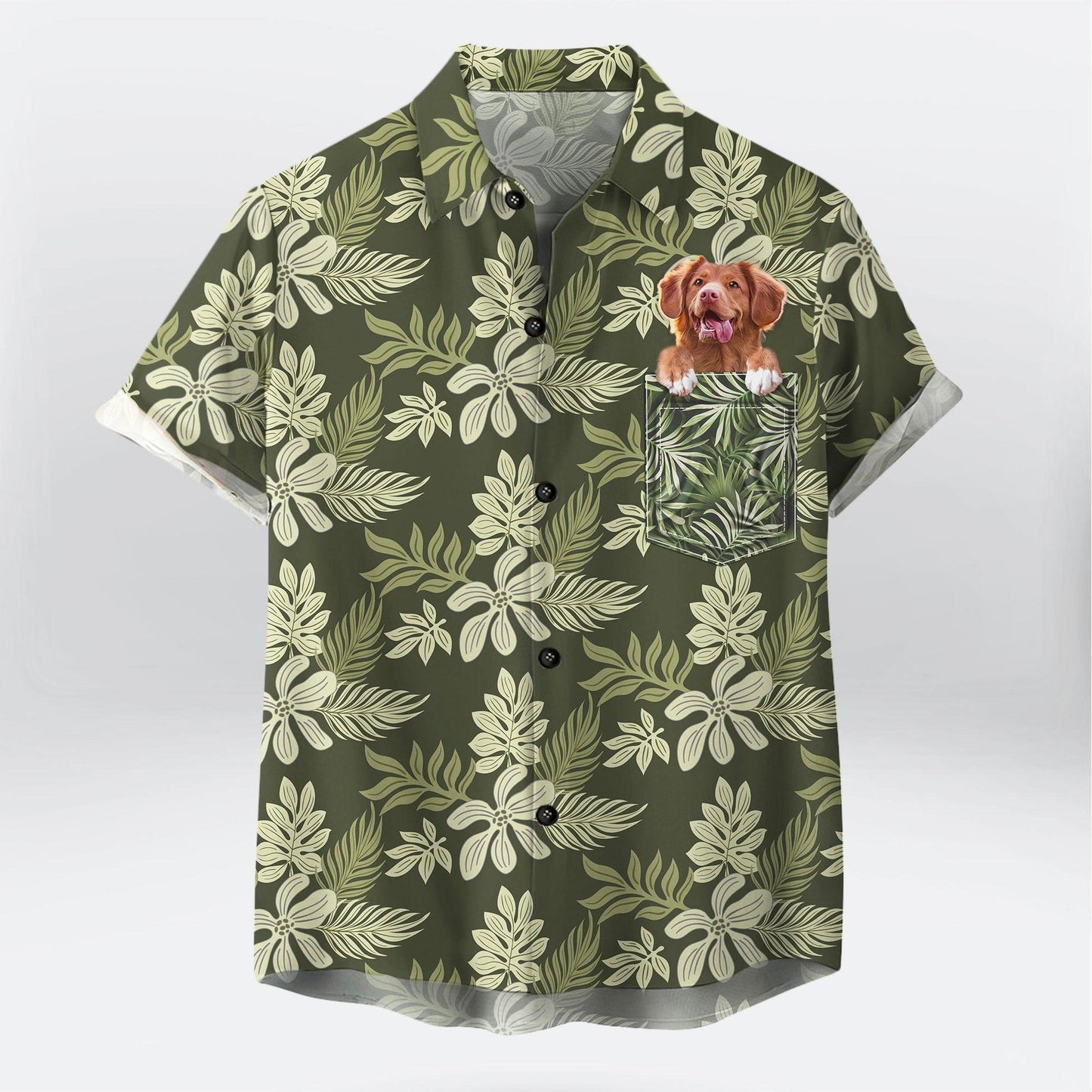 Customized Hawaiian Shirt With Pet Face - Summer Flower Pattern Military Green Color Aloha Shirt - Personalized Gift For Pet Lovers - Amzanimalsgift