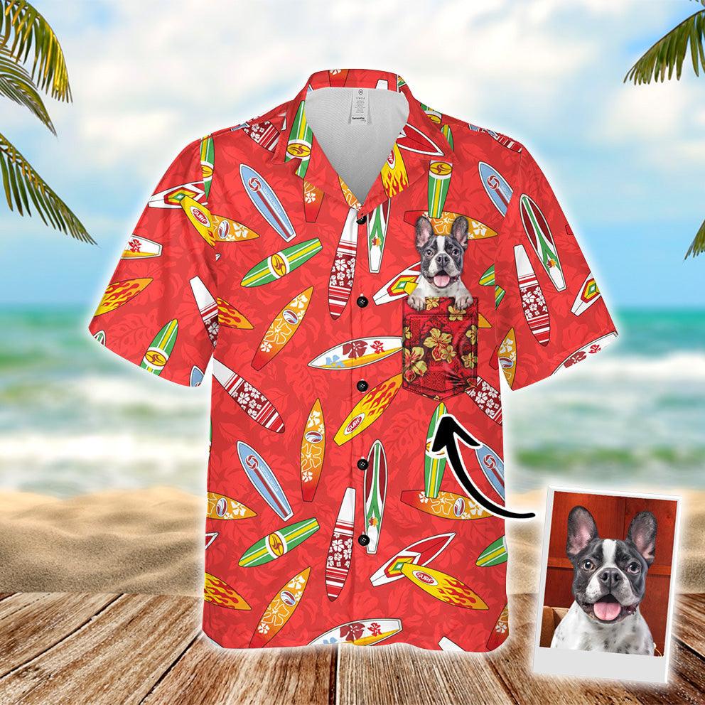 Customized Hawaiian Shirt With Pet Face - Surfboard Hibiscus Pattern Red Color Aloha Shirt With Pocket - Personalized Gift For Pet Lovers - Amzanimalsgift