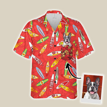 Customized Hawaiian Shirt With Pet Face - Surfboard Hibiscus Pattern Red Color Aloha Shirt With Pocket - Personalized Gift For Pet Lovers - Amzanimalsgift