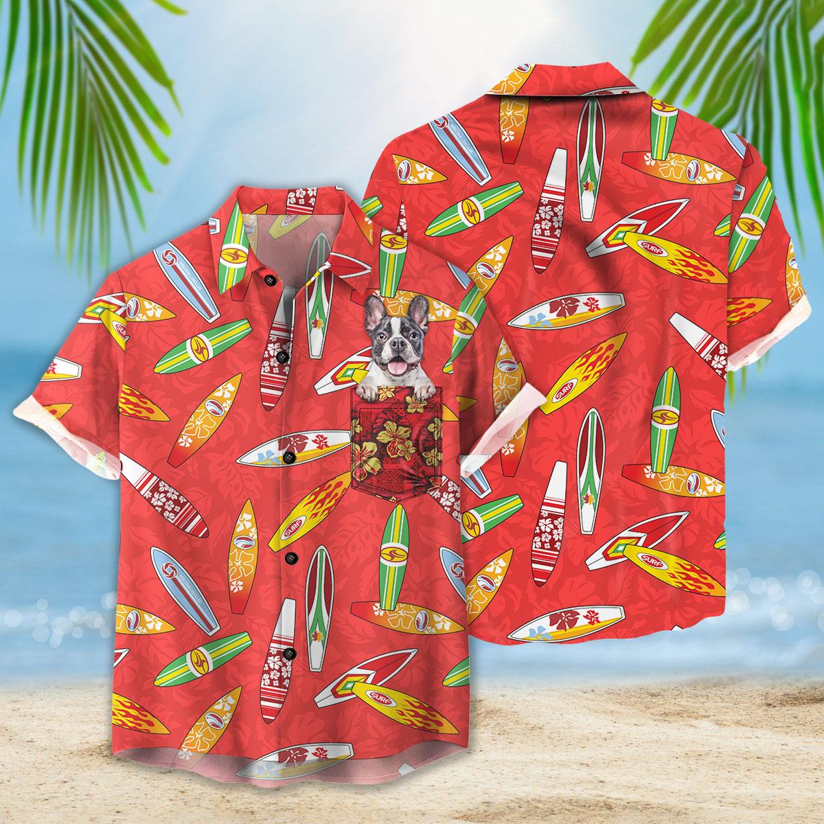 Customized Hawaiian Shirt With Pet Face - Surfboard Hibiscus Pattern Red Color Aloha Shirt With Pocket - Personalized Gift For Pet Lovers - Amzanimalsgift