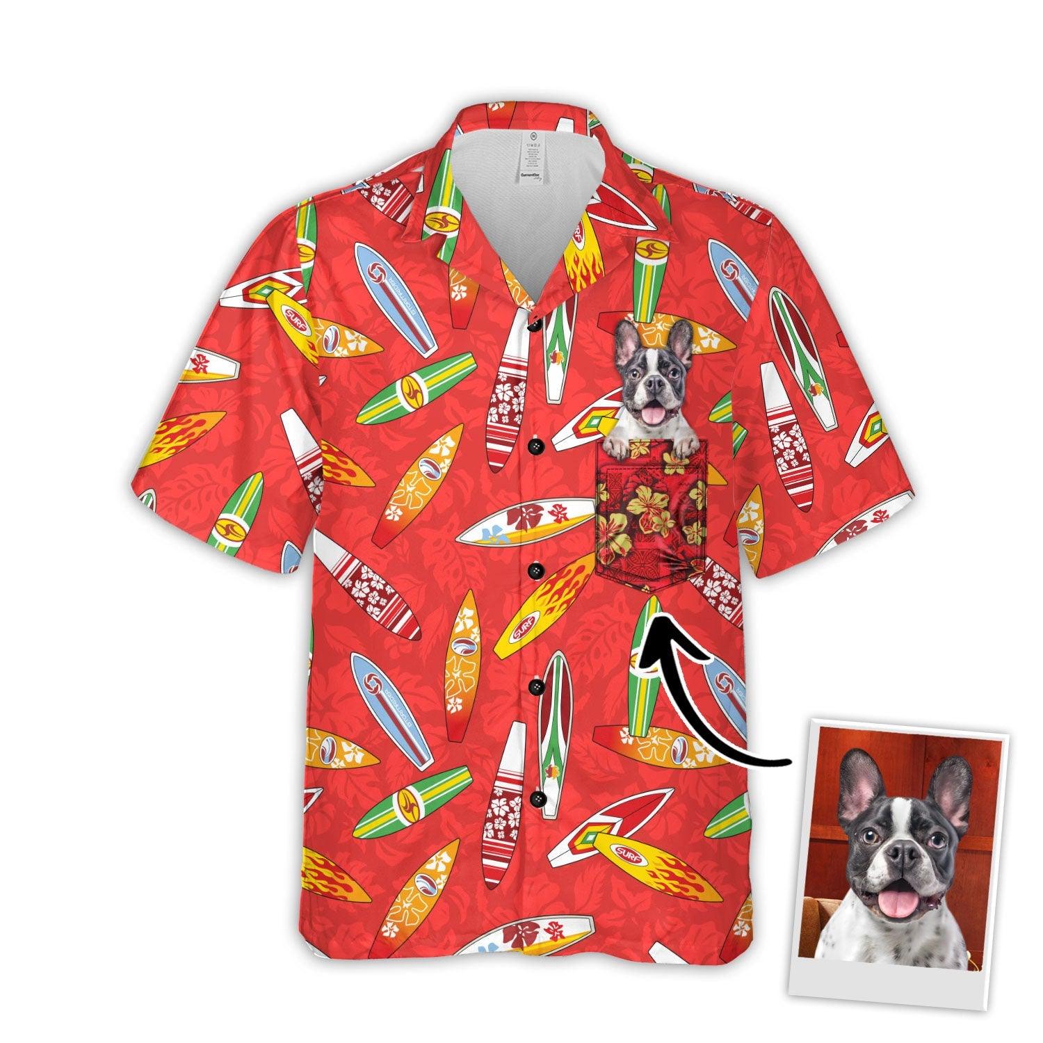 Customized Hawaiian Shirt With Pet Face - Surfboard Hibiscus Pattern Red Color Aloha Shirt With Pocket - Personalized Gift For Pet Lovers - Amzanimalsgift
