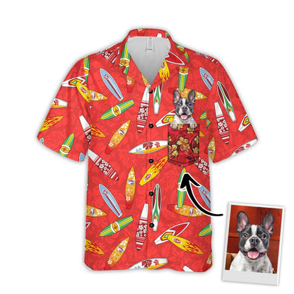 Customized Hawaiian Shirt With Pet Face - Surfboard Hibiscus Pattern Red Color Aloha Shirt With Pocket - Personalized Gift For Pet Lovers - Amzanimalsgift