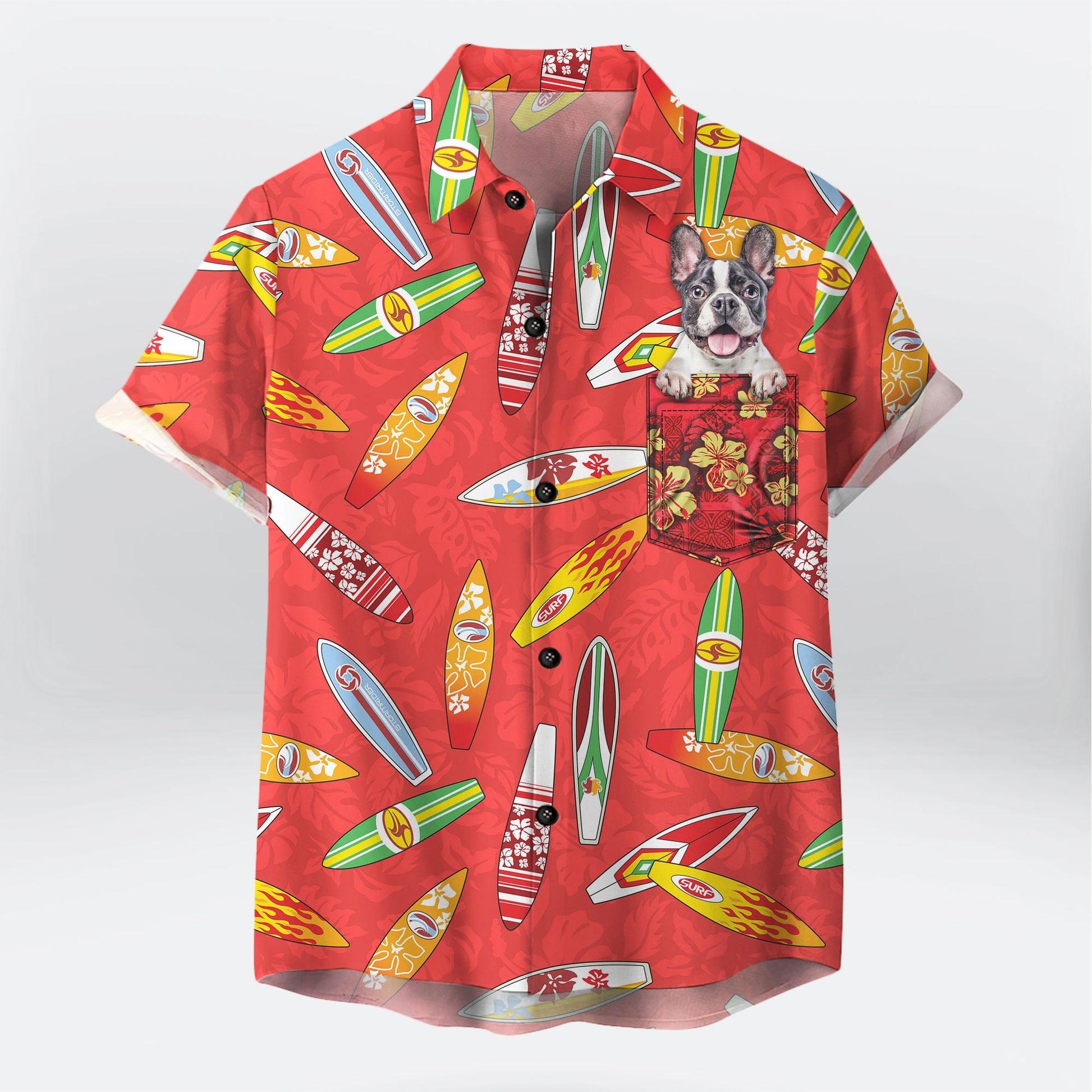 Customized Hawaiian Shirt With Pet Face - Surfboard Hibiscus Pattern Red Color Aloha Shirt With Pocket - Personalized Gift For Pet Lovers - Amzanimalsgift
