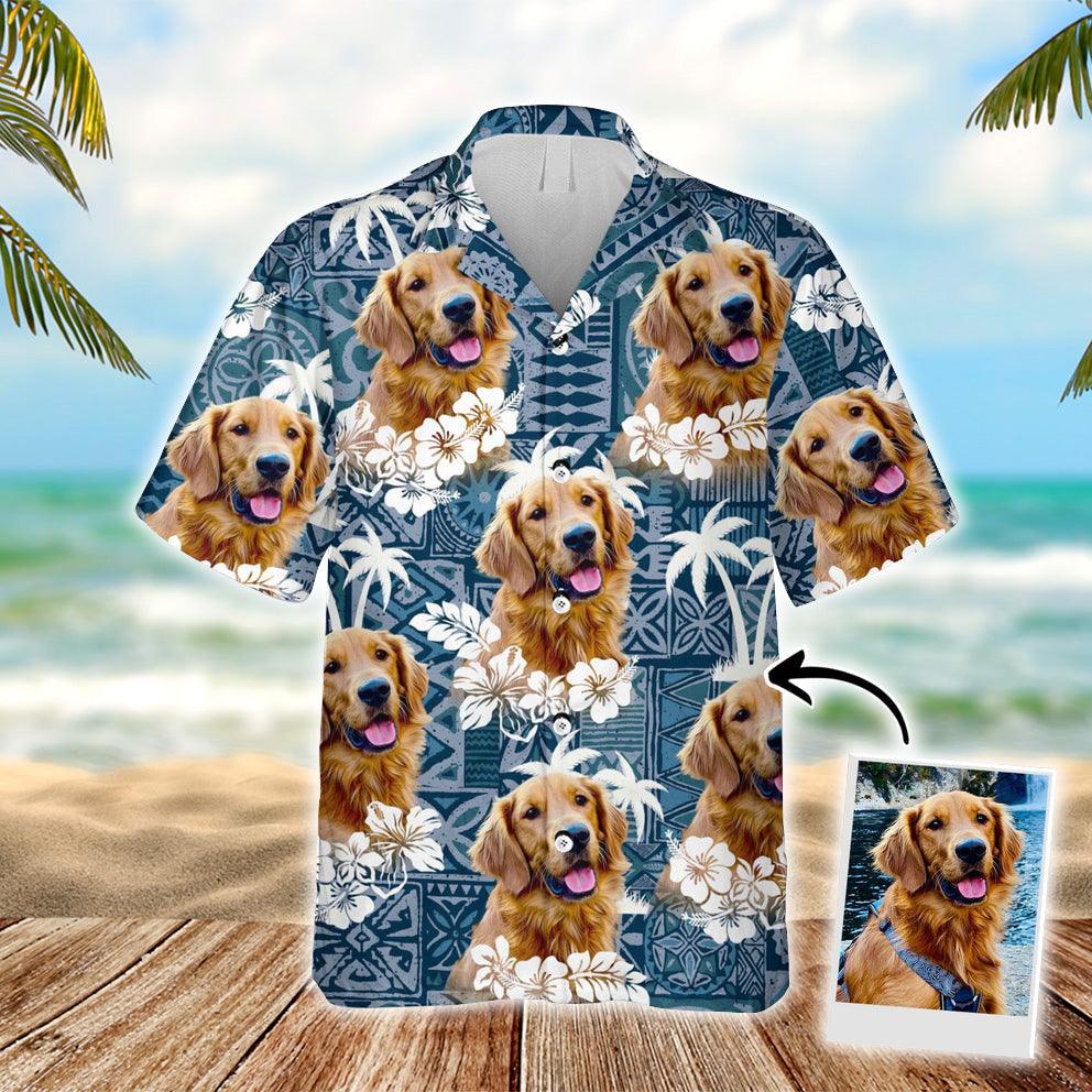 Customized Hawaiian Shirt With Pet Face, Tapa Tribal, Vintage Flower And Leaves Dark Blue Color Aloha Shirt, Personalized Gift For Pet Lovers - Amzanimalsgift