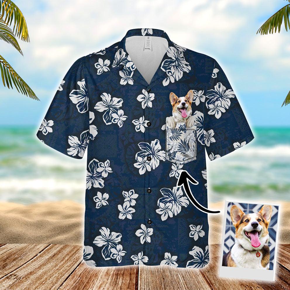 Customized Hawaiian Shirt With Pet Face - Tribal Elements And Hibiscus Flowers Pattern Navy Color Aloha Shirt With Pocket - Gift For Pet Lovers - Amzanimalsgift