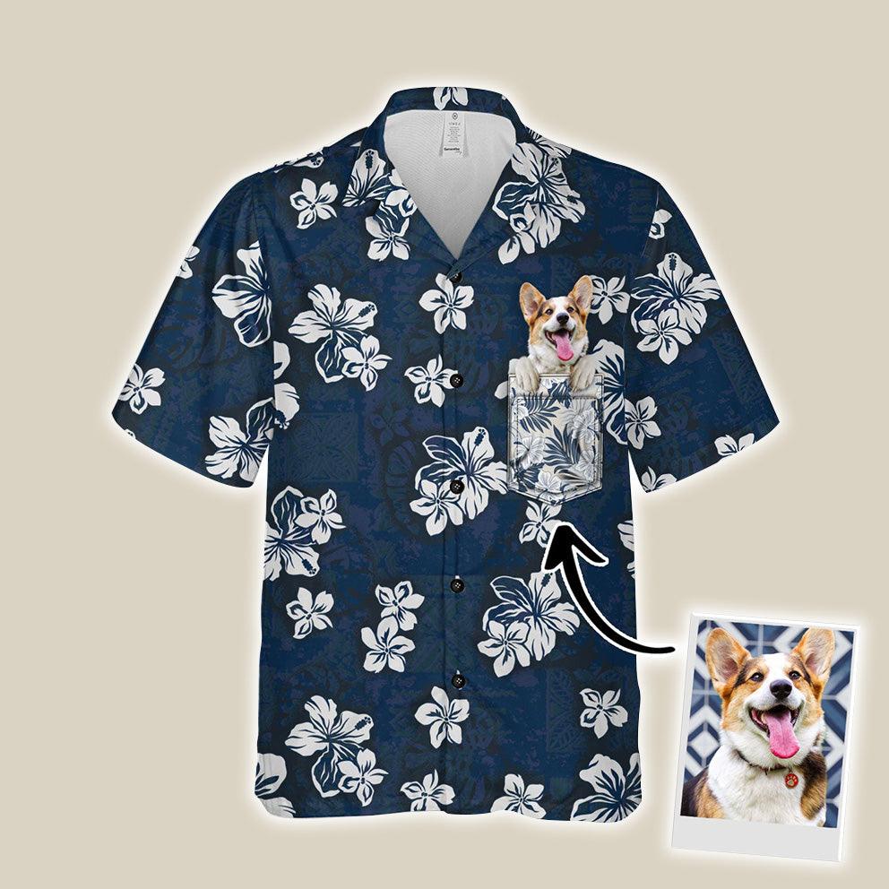 Customized Hawaiian Shirt With Pet Face - Tribal Elements And Hibiscus Flowers Pattern Navy Color Aloha Shirt With Pocket - Gift For Pet Lovers - Amzanimalsgift