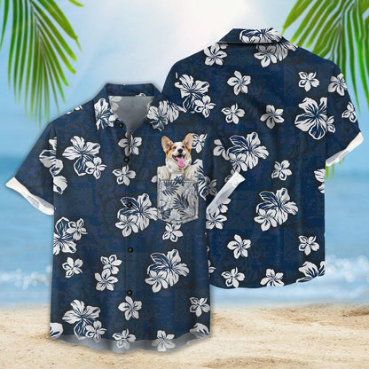 Customized Hawaiian Shirt With Pet Face - Tribal Elements And Hibiscus Flowers Pattern Navy Color Aloha Shirt With Pocket - Gift For Pet Lovers - Amzanimalsgift