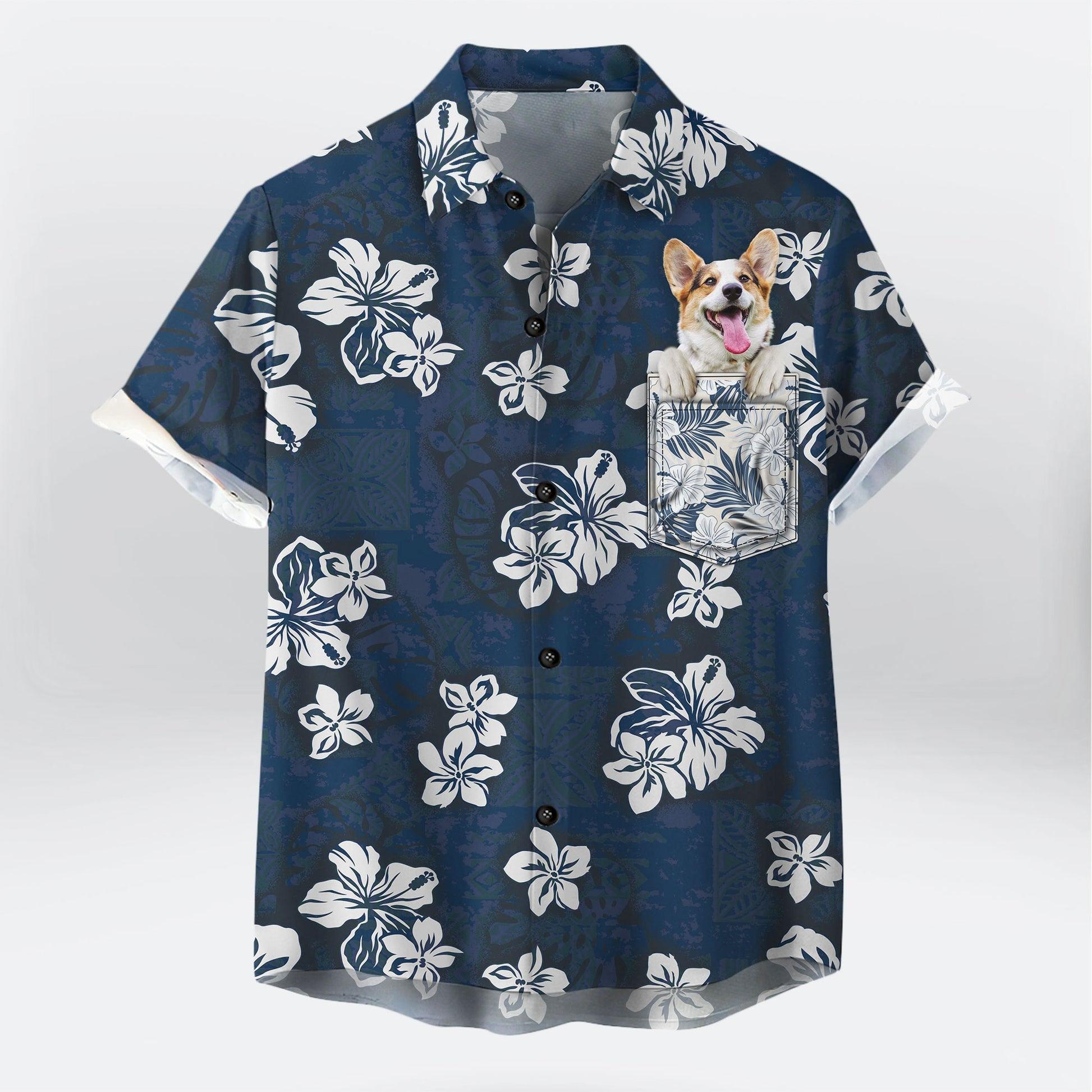 Customized Hawaiian Shirt With Pet Face - Tribal Elements And Hibiscus Flowers Pattern Navy Color Aloha Shirt With Pocket - Gift For Pet Lovers - Amzanimalsgift