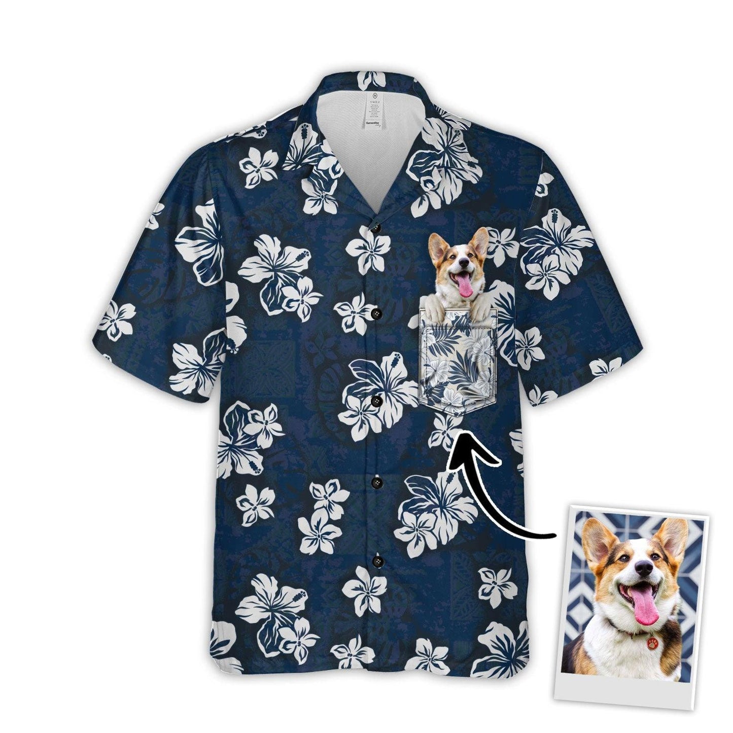 Customized Hawaiian Shirt With Pet Face - Tribal Elements And Hibiscus Flowers Pattern Navy Color Aloha Shirt With Pocket - Gift For Pet Lovers - Amzanimalsgift
