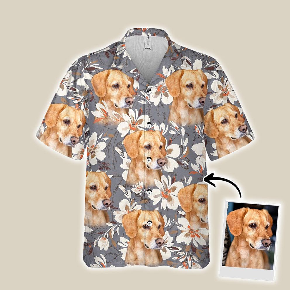 Customized Hawaiian Shirt With Pet Face - Tropical Floral, Watercolor Flower Gray Color Aloha Shirt - Personalized Gift For Pet Lovers - Amzanimalsgift