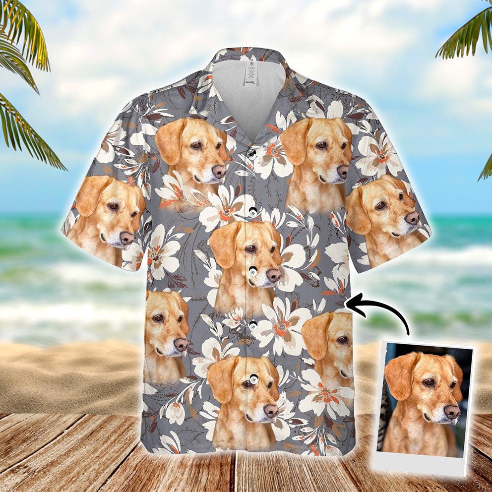 Customized Hawaiian Shirt With Pet Face - Tropical Floral, Watercolor Flower Gray Color Aloha Shirt - Personalized Gift For Pet Lovers - Amzanimalsgift