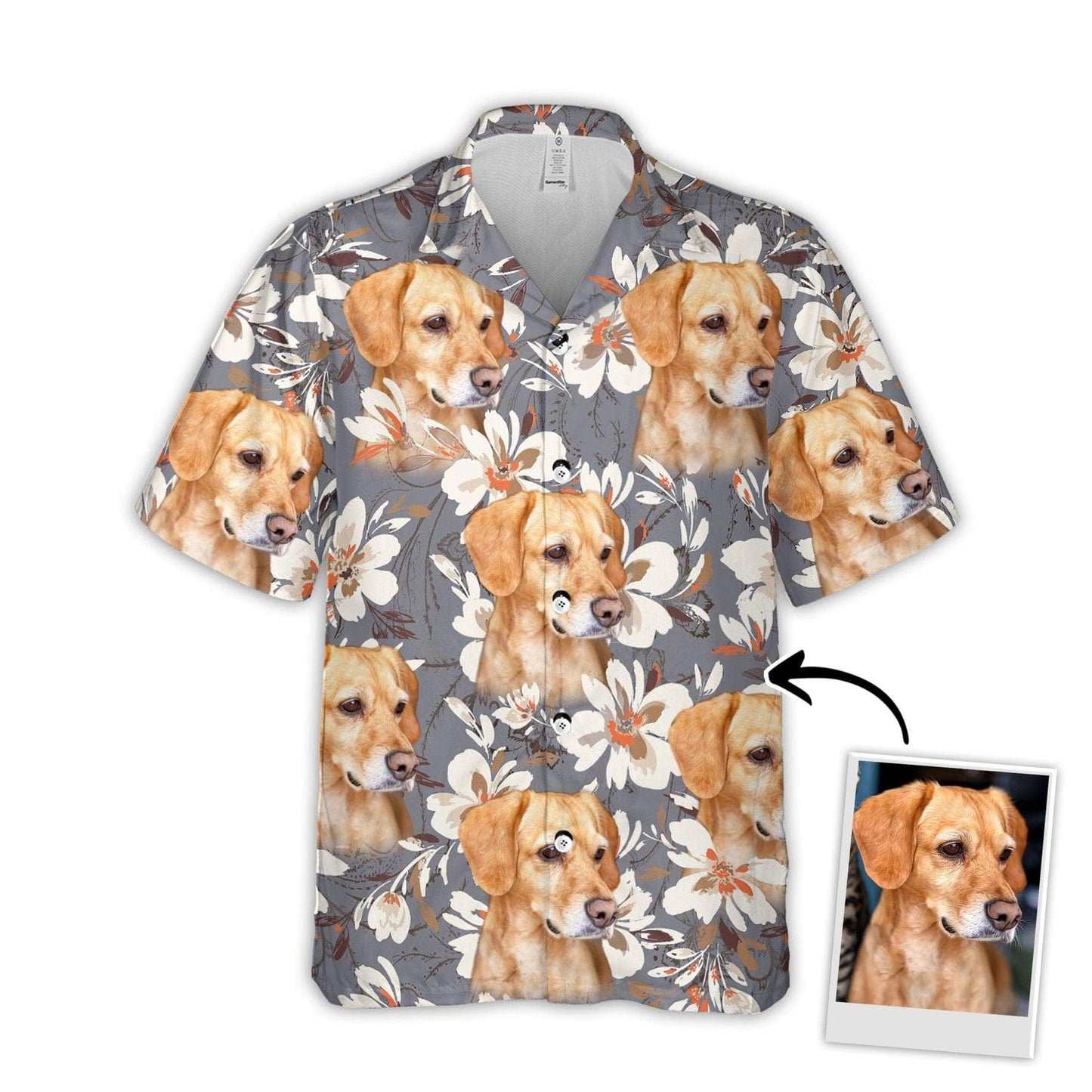 Customized Hawaiian Shirt With Pet Face - Tropical Floral, Watercolor Flower Gray Color Aloha Shirt - Personalized Gift For Pet Lovers - Amzanimalsgift