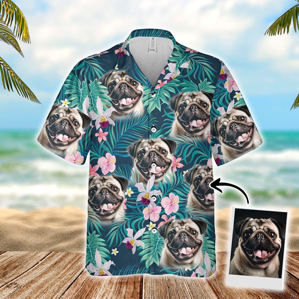 Customized Hawaiian Shirt With Pet Face - Tropical Seamless Palm Leaves And Tropical Floral Shirt, Pets Face On Hawaiian Shirt - Gift For Pet Lovers - Amzanimalsgift