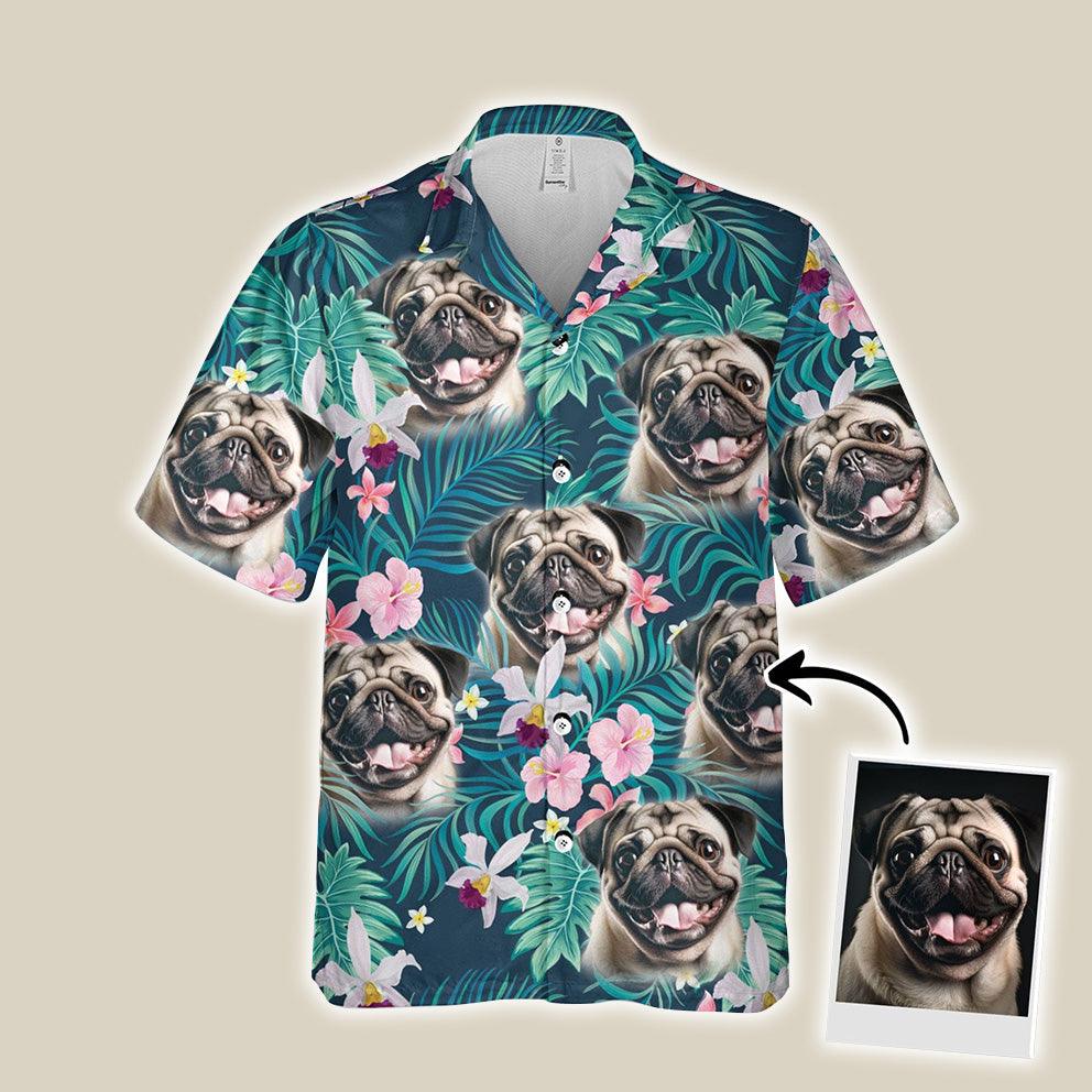 Customized Hawaiian Shirt With Pet Face - Tropical Seamless Palm Leaves And Tropical Floral Shirt, Pets Face On Hawaiian Shirt - Gift For Pet Lovers - Amzanimalsgift