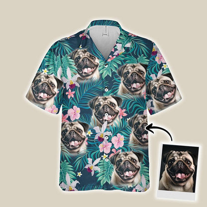 Customized Hawaiian Shirt With Pet Face - Tropical Seamless Palm Leaves And Tropical Floral Shirt, Pets Face On Hawaiian Shirt - Gift For Pet Lovers - Amzanimalsgift