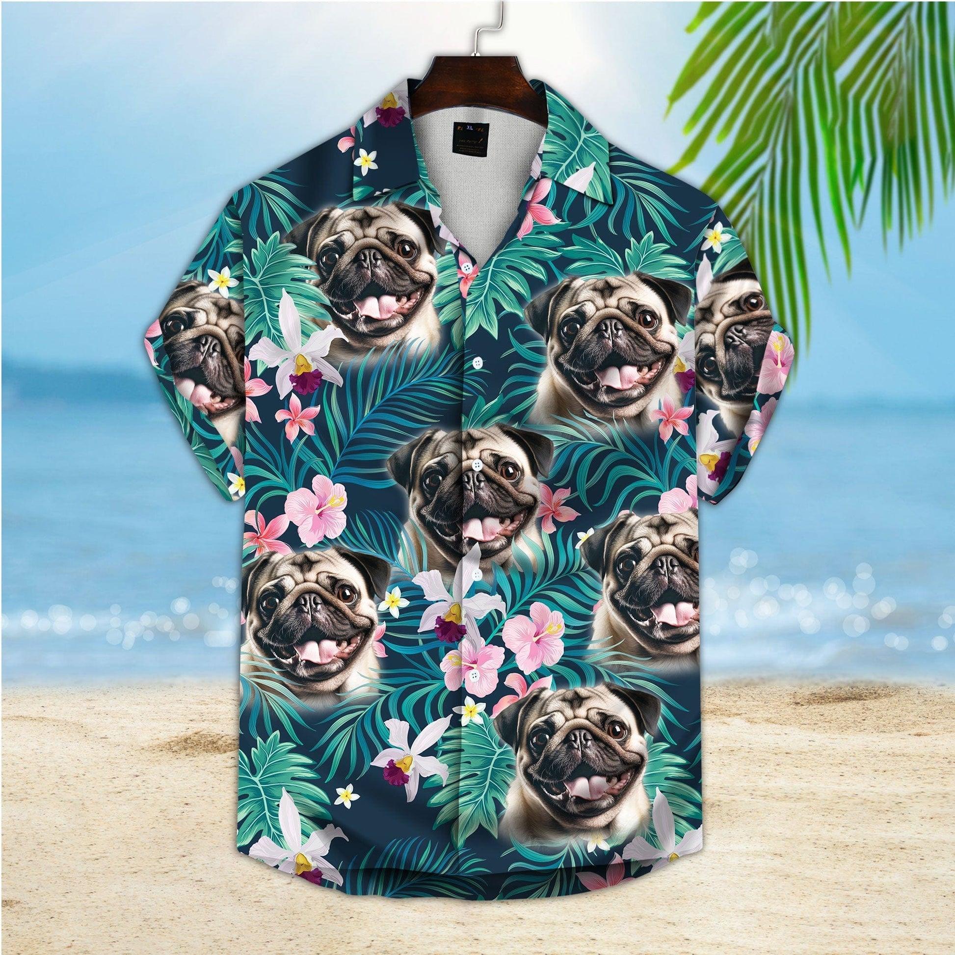 Customized Hawaiian Shirt With Pet Face - Tropical Seamless Palm Leaves And Tropical Floral Shirt, Pets Face On Hawaiian Shirt - Gift For Pet Lovers - Amzanimalsgift