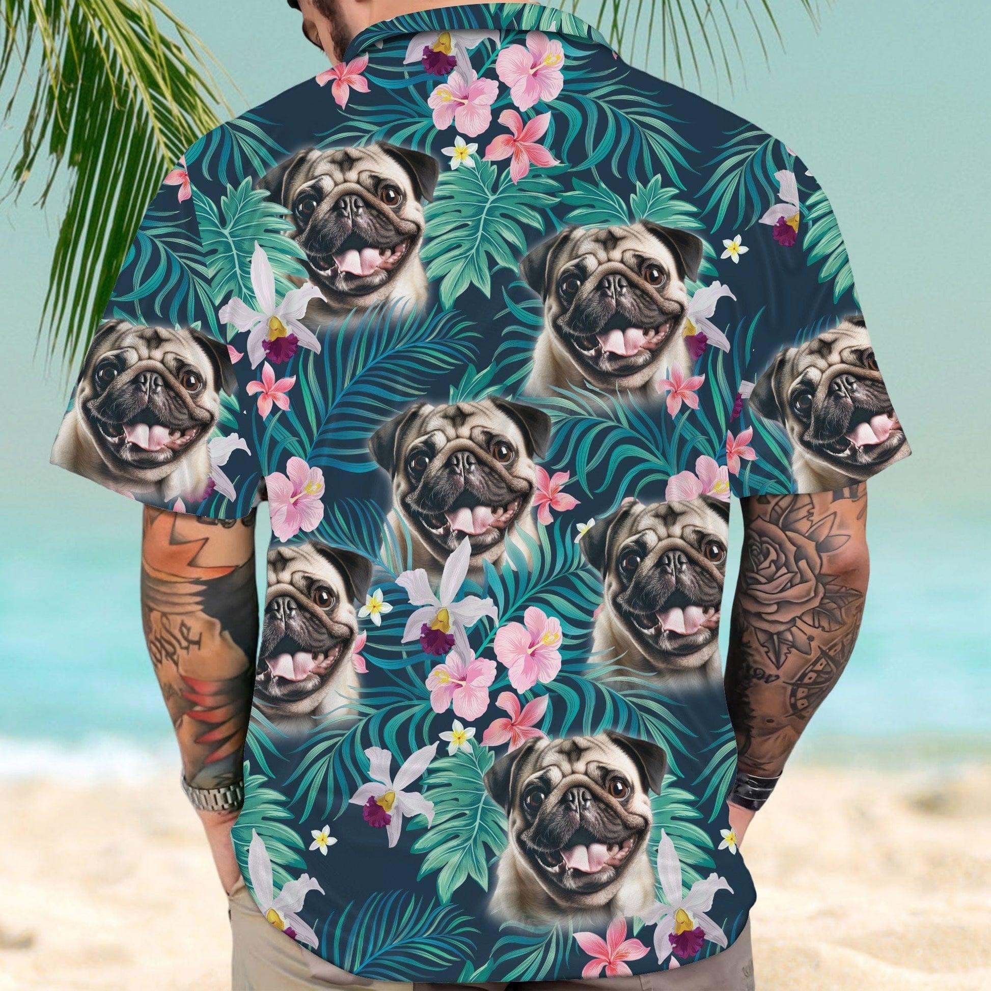 Customized Hawaiian Shirt With Pet Face - Tropical Seamless Palm Leaves And Tropical Floral Shirt, Pets Face On Hawaiian Shirt - Gift For Pet Lovers - Amzanimalsgift