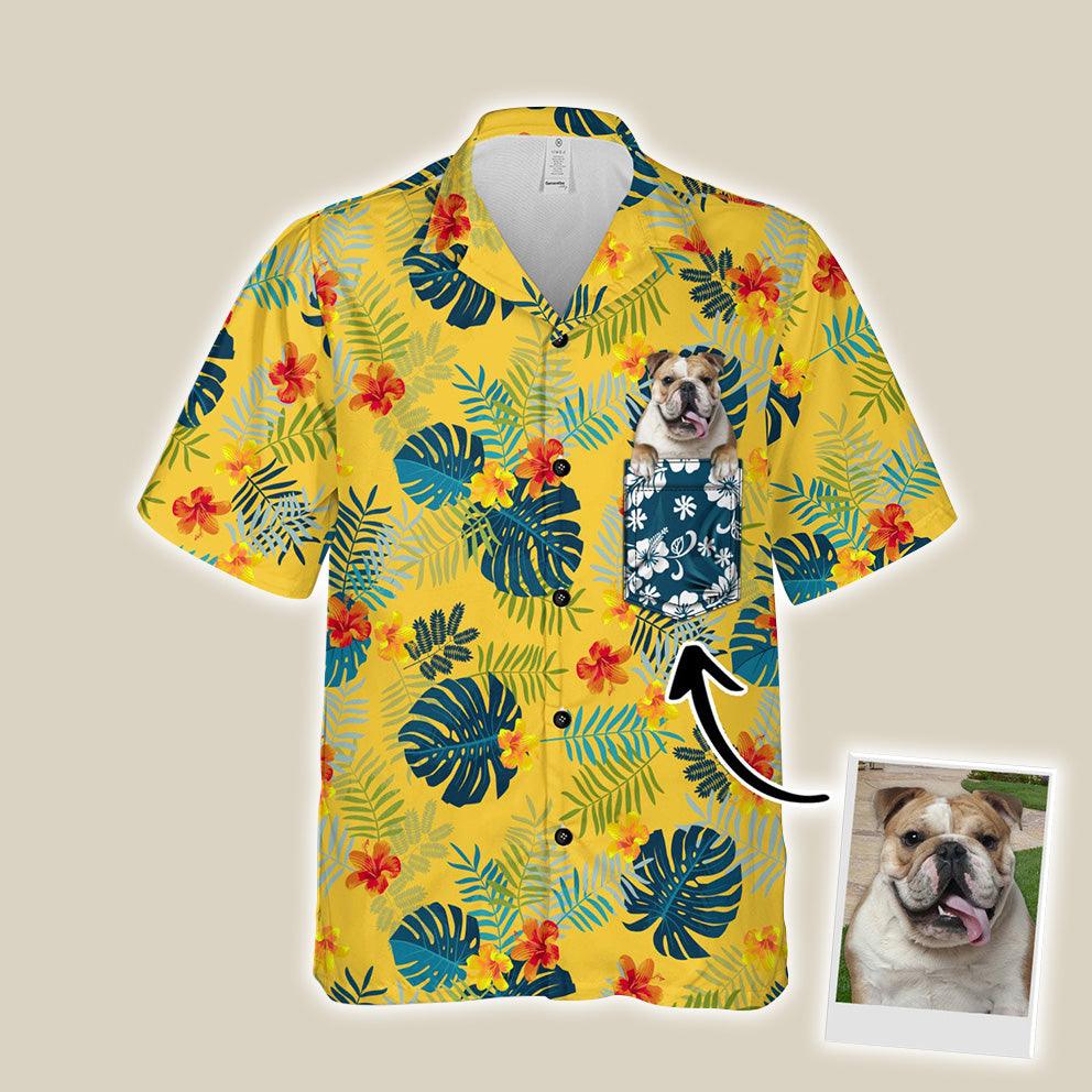 Customized Hawaiian Shirt With Pet Face - Tropical Summer Botanical Pattern Yellow Color Aloha Shirt With Pocket - Personalized Gift For Pet Lovers - Amzanimalsgift