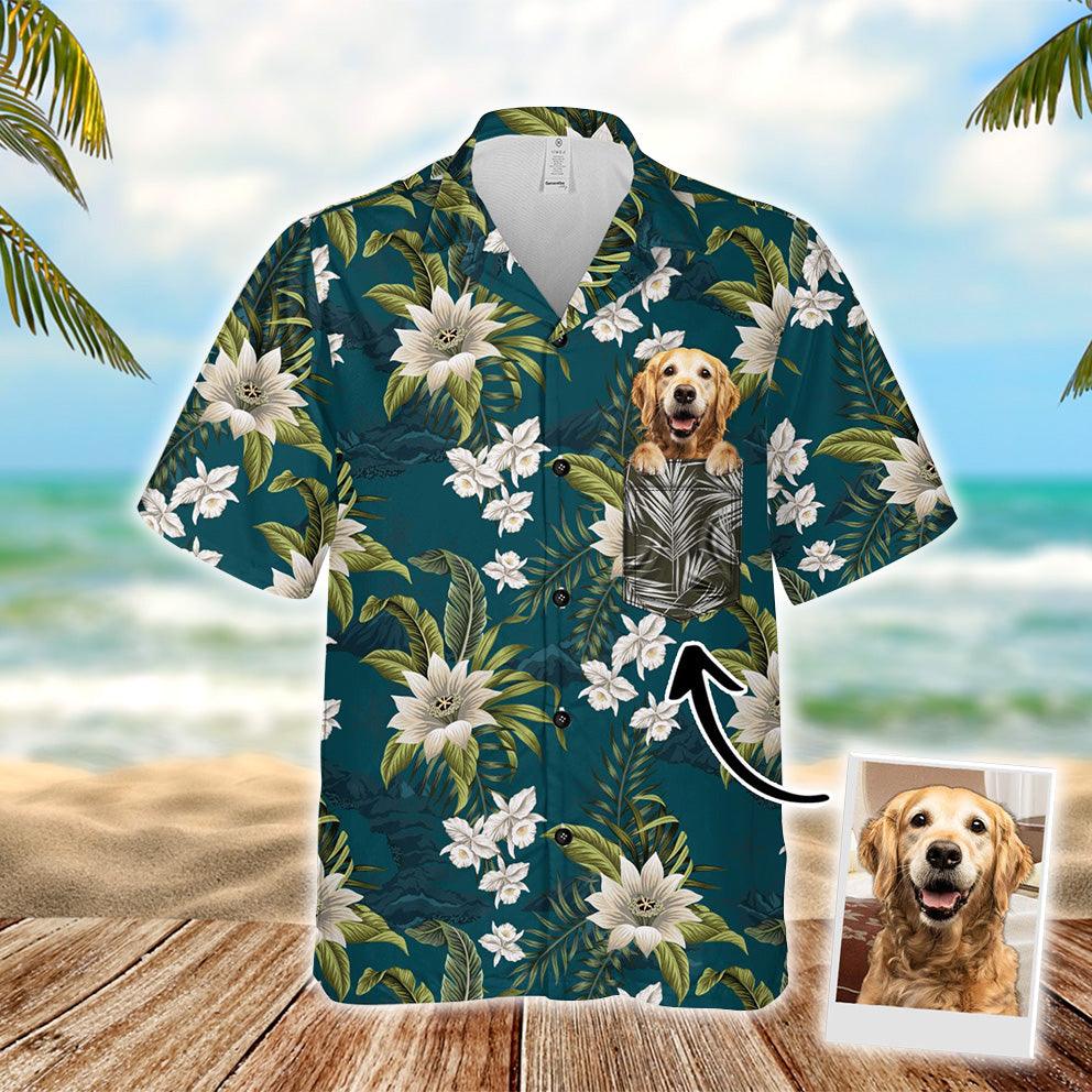 Customized Hawaiian Shirt With Pet Face - Tropical Vintage Flower Pattern Military Teal Color Aloha Shirt - Personalized Gift For Pet Lovers - Amzanimalsgift