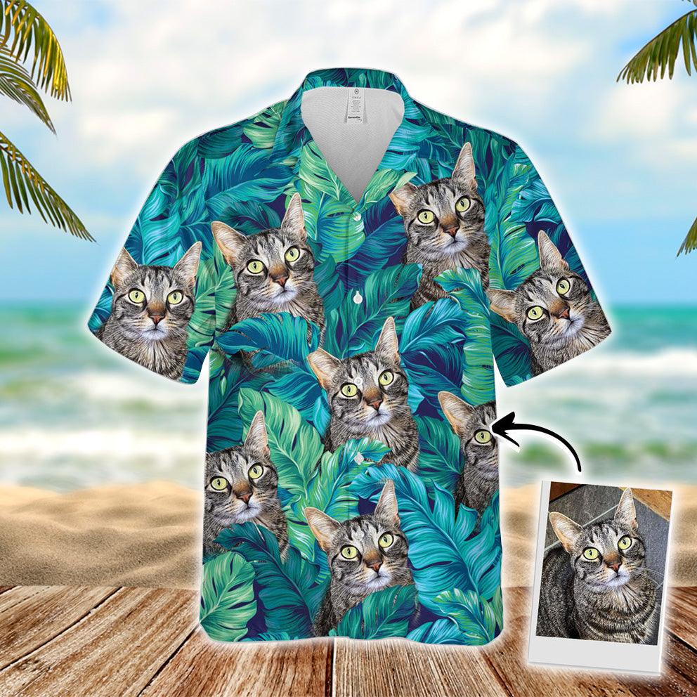 Customized Hawaiian Shirt With Pet Face - Turquoise And Blue Tropical Leaves Pattern Aloha Shirt, Pet Face Shirt - Personalized Gift For Pet Lovers - Amzanimalsgift